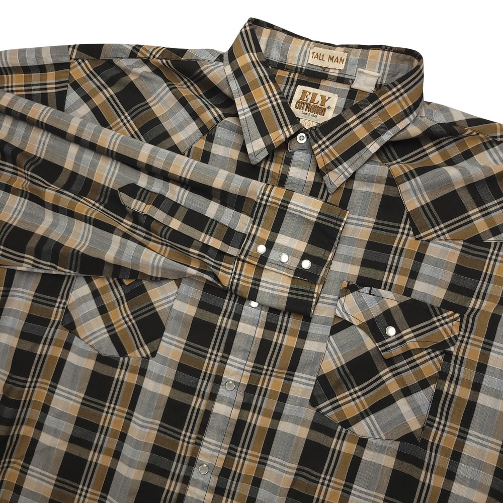 Ely‎ Cattleman Shirt Mens 2XLT Brown Plaid Western Pearl Snap Long Sleeve Cowboy
